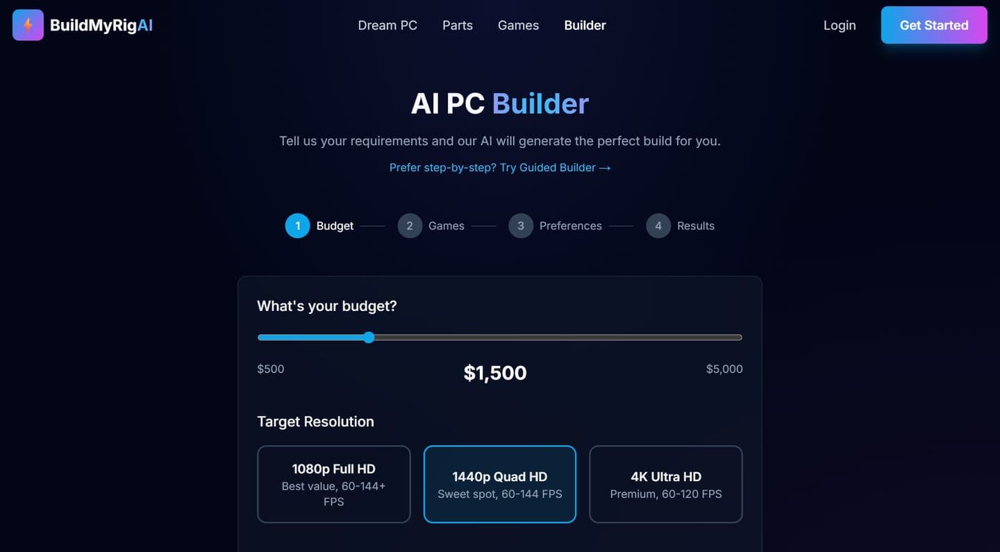 BuildMyRig AI builder: budget slider and resolution picker
