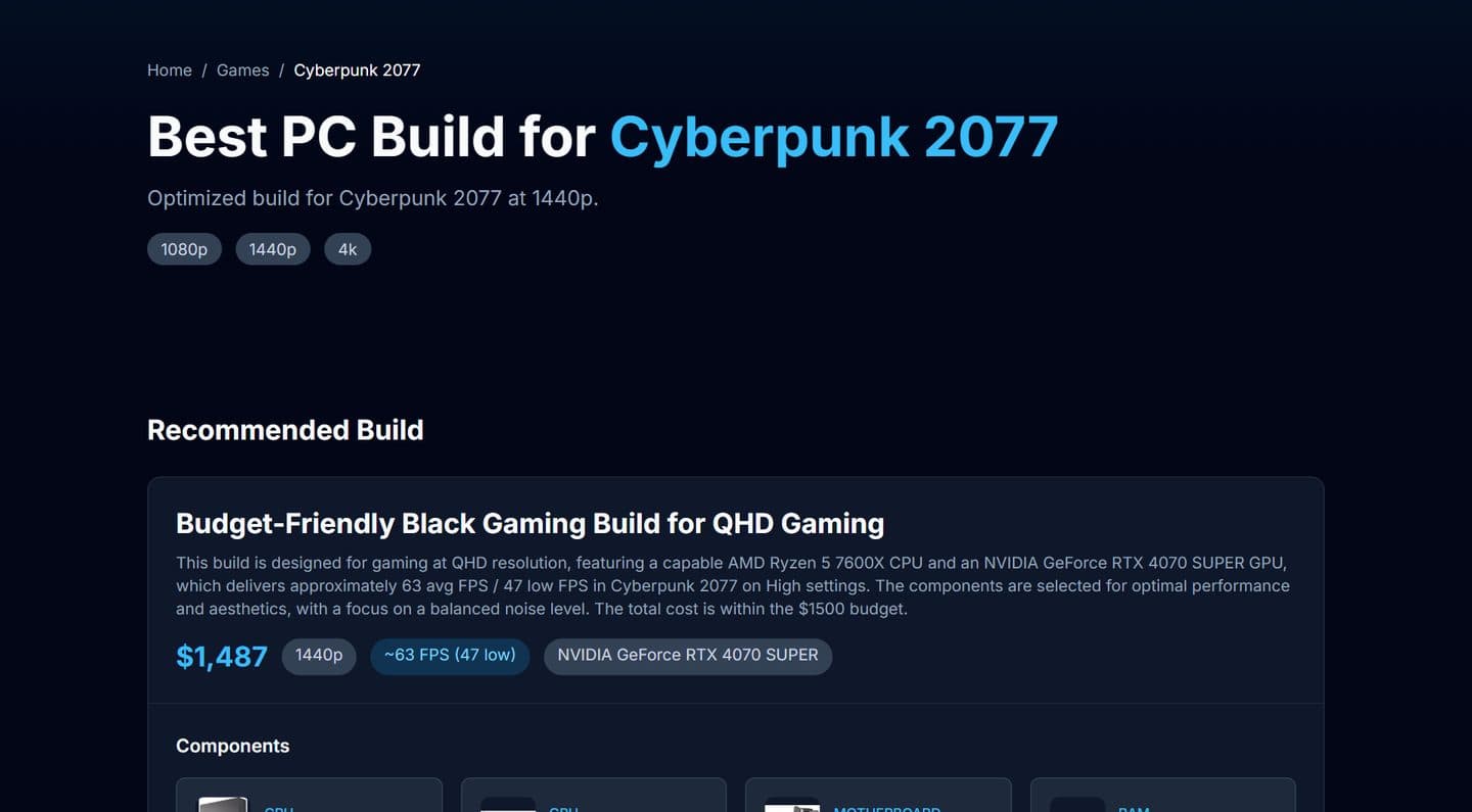 Recommended Cyberpunk 2077 build at 1440p with price and FPS estimate